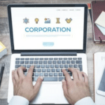 Picture displaying a computer with the word corporation